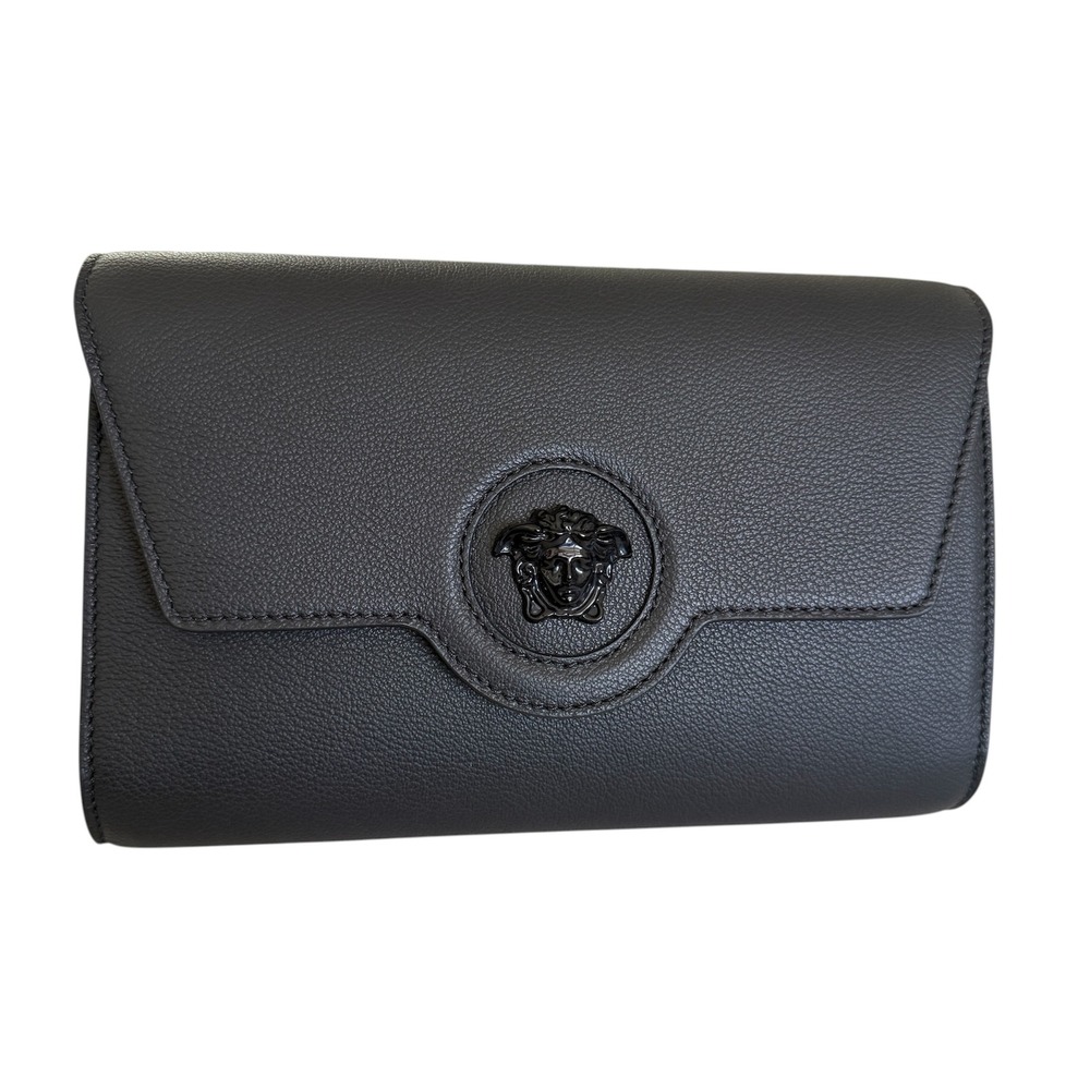 Versace La Medusa 1021608 Grained Leather Crossbody Bag Dark Grey Made in Italy